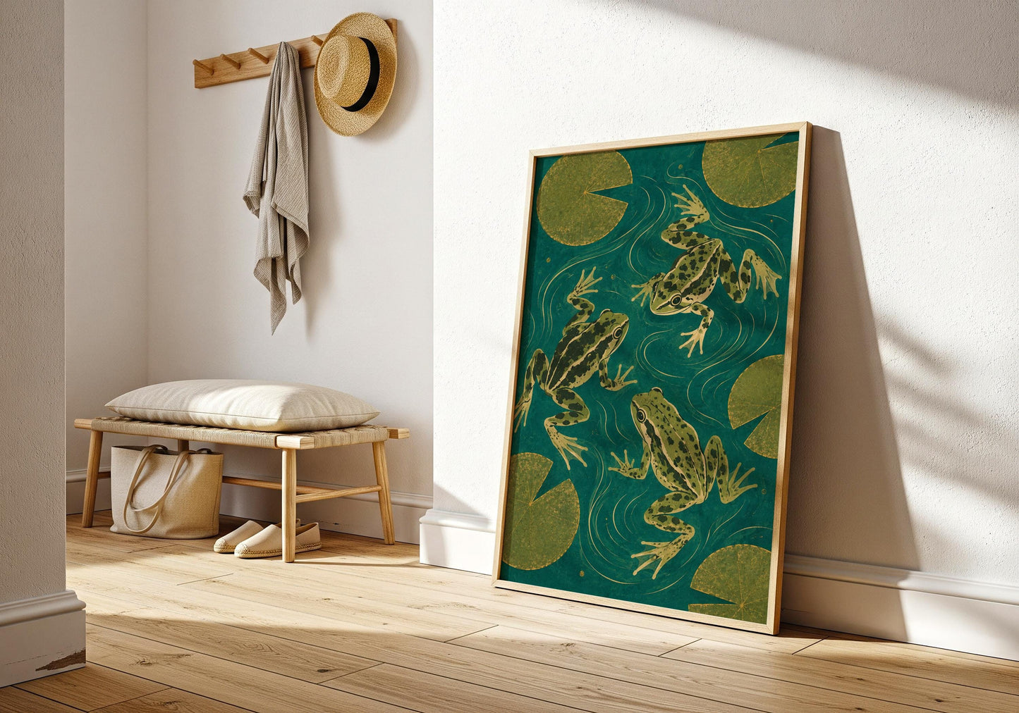 Frog lover gift featuring three frogs swimming among lily pads in a peaceful pond.