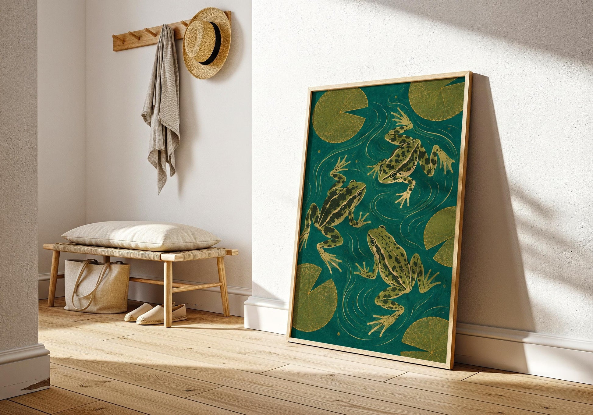 Frog lover gift featuring three frogs swimming among lily pads in a peaceful pond.