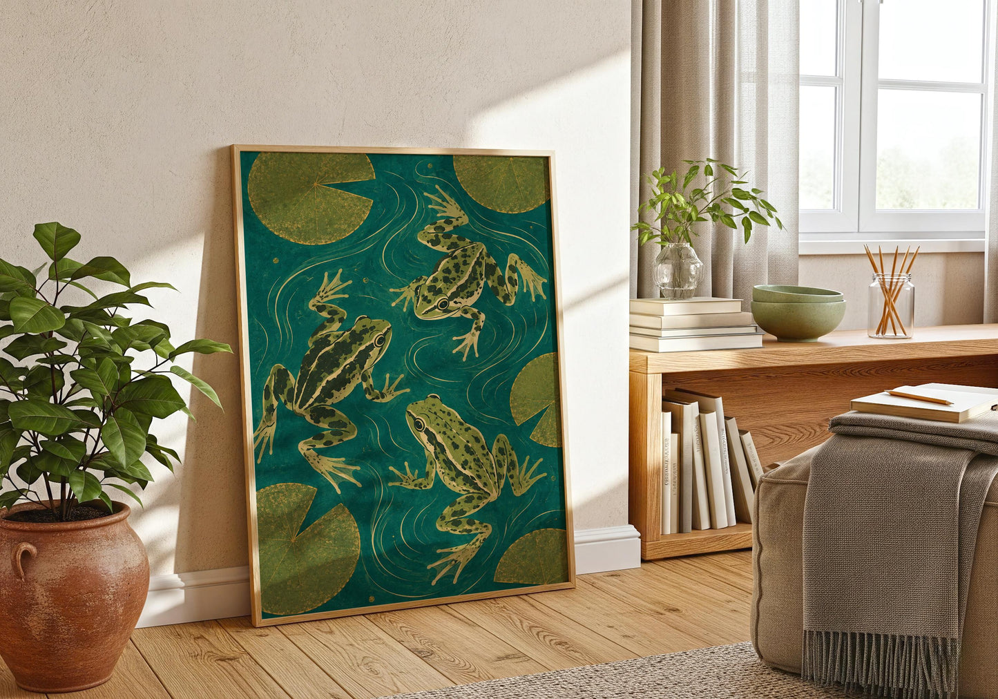 Minimalist botanical frog poster with rich teal background and detailed wildlife artwork.