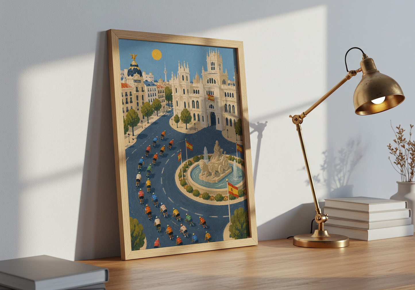 Spanish travel wall décor featuring historic architecture and cycling action.
