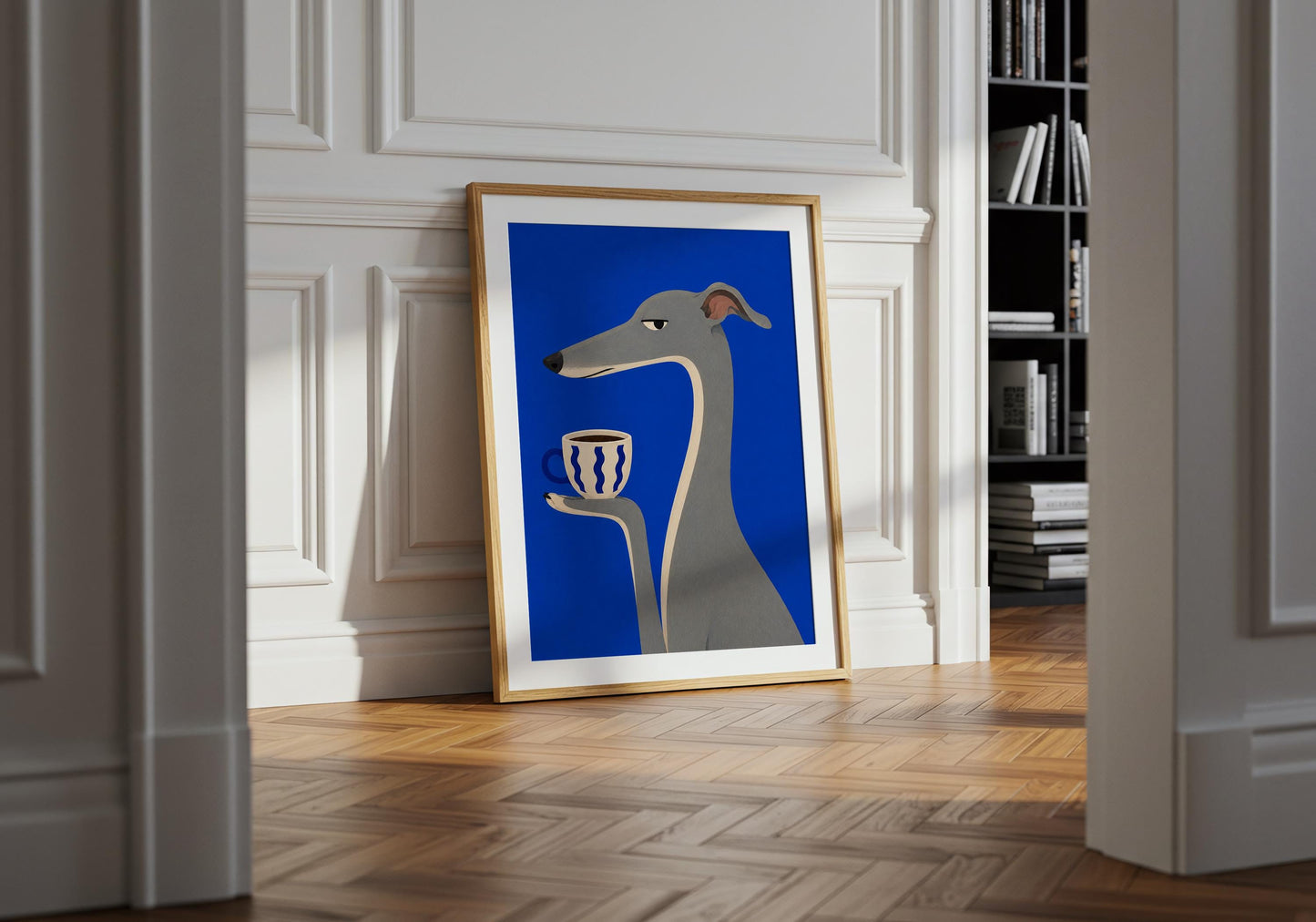 Blue minimalist dog print designed for Whippet and sighthound enthusiasts.
