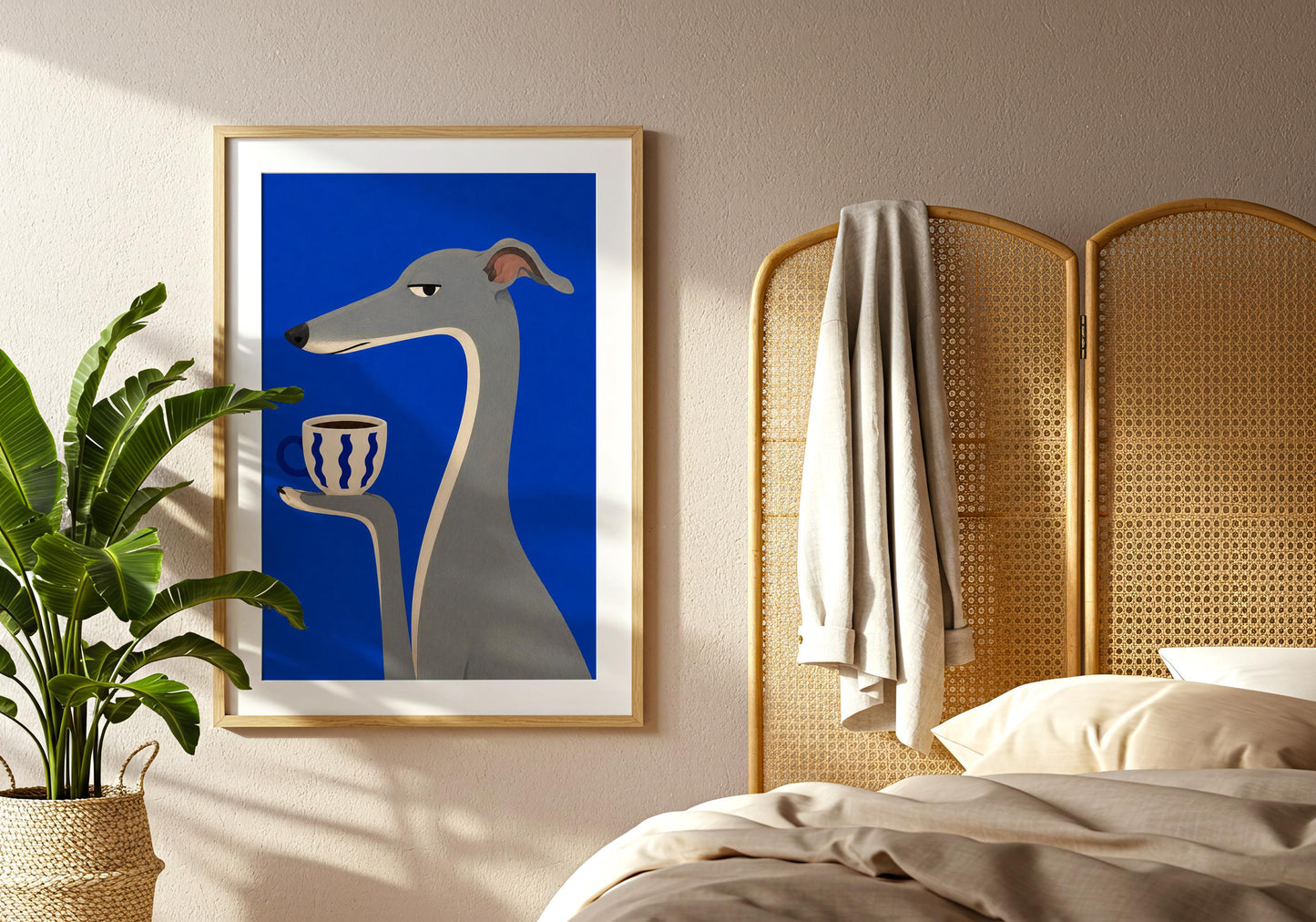 Contemporary Italian Greyhound poster with coffee cup for kitchen wall art.