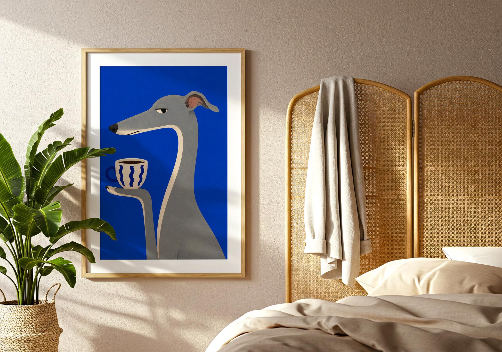 Contemporary Italian Greyhound poster with coffee cup for kitchen wall art.