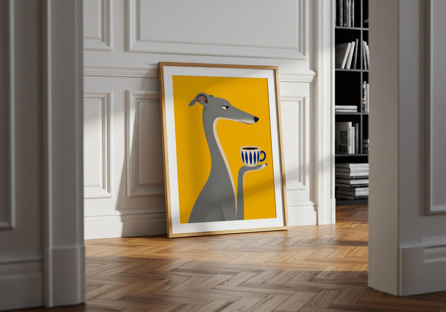 Coffee station artwork featuring an elegant dog and ceramic mug.