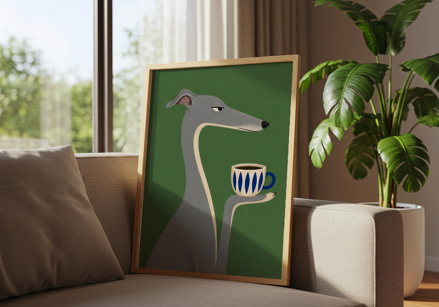 Funny greyhound wall art featuring a stylish sighthound with a coffee mug, contemporary dog illustration for modern home decor.