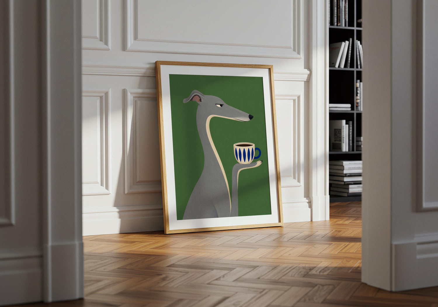 Whippet-inspired dog wall art with coffee cup, minimalist animal print in green tones for contemporary interiors.