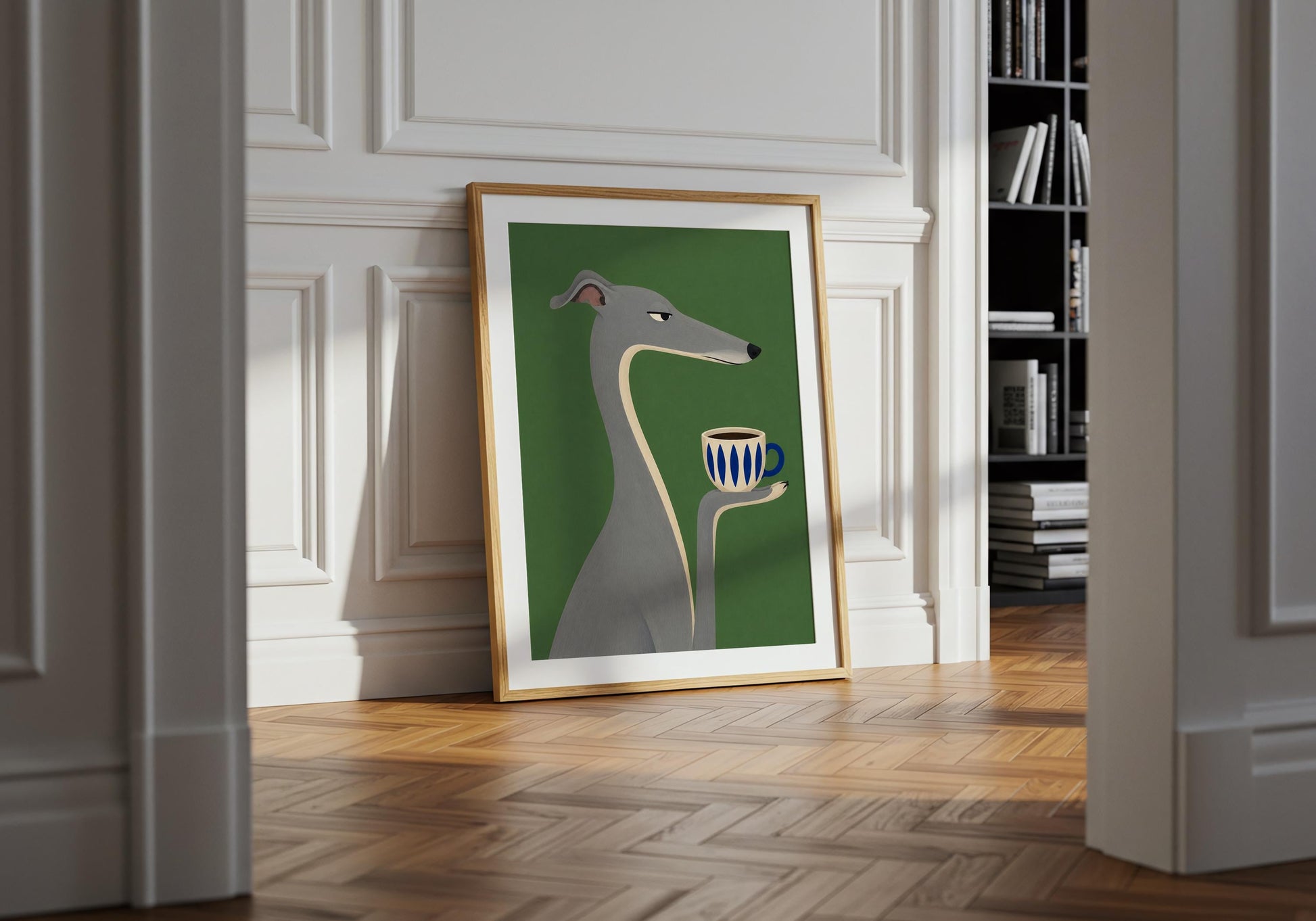 Whippet-inspired dog wall art with coffee cup, minimalist animal print in green tones for contemporary interiors.