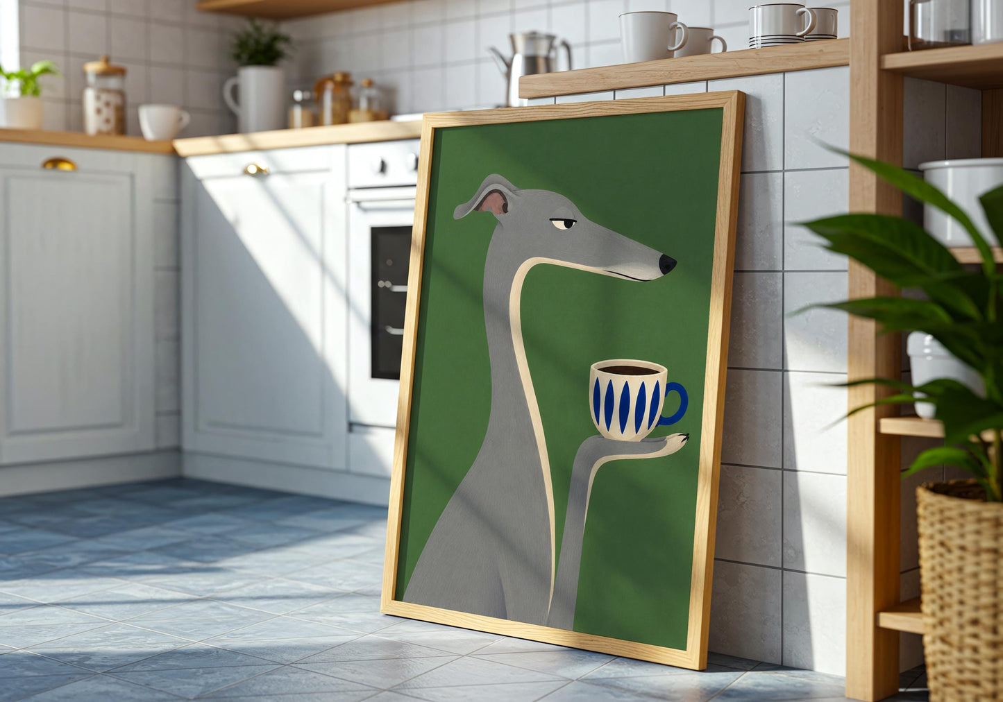 Greyhound coffee art print with minimalist design and green backdrop, perfect wall decor for coffee lovers and dog owners.