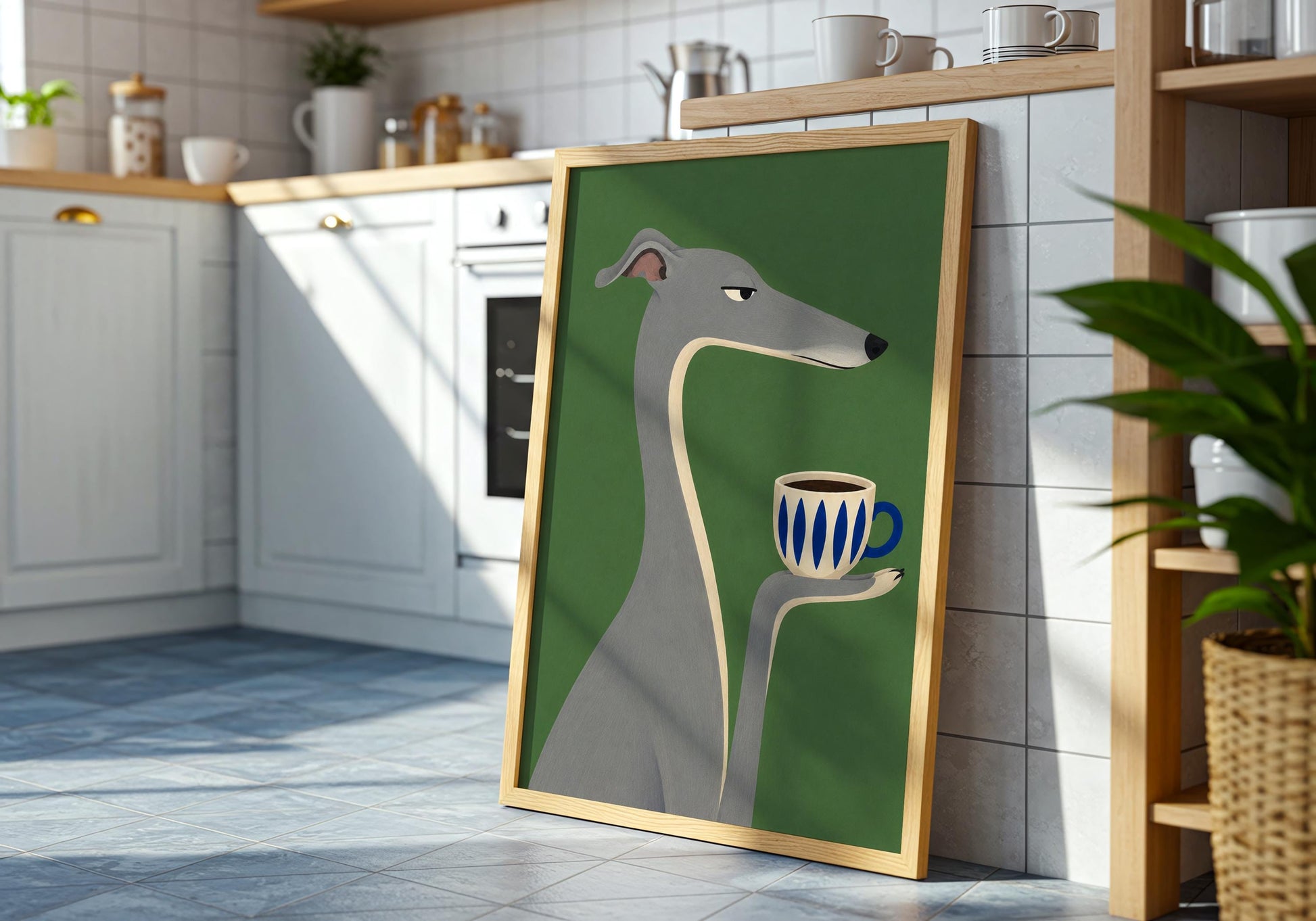 Greyhound coffee art print with minimalist design and green backdrop, perfect wall decor for coffee lovers and dog owners.