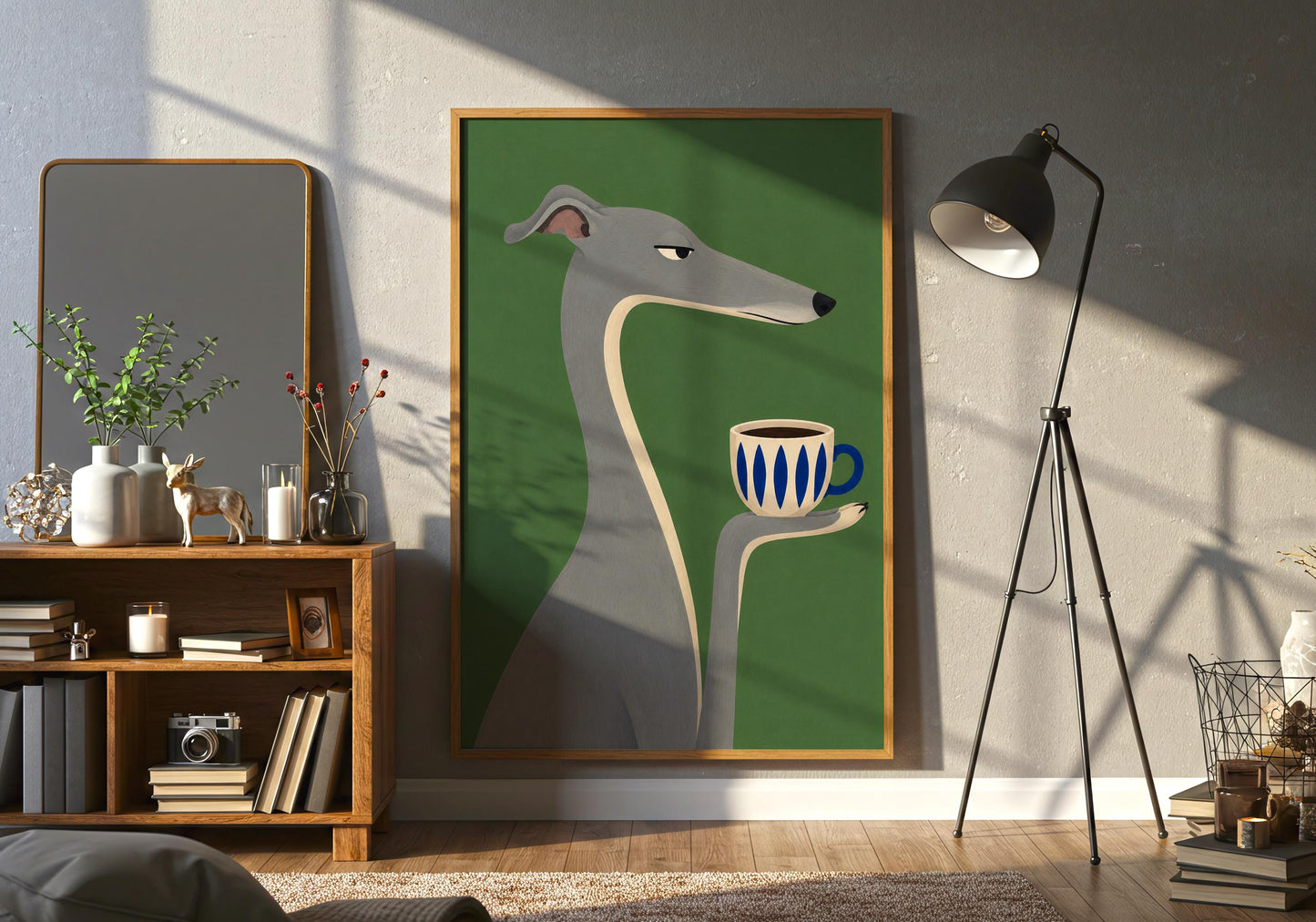 Elegant sighthound art print with blue coffee cup on a rich green background, minimalist wall art for Scandinavian homes.