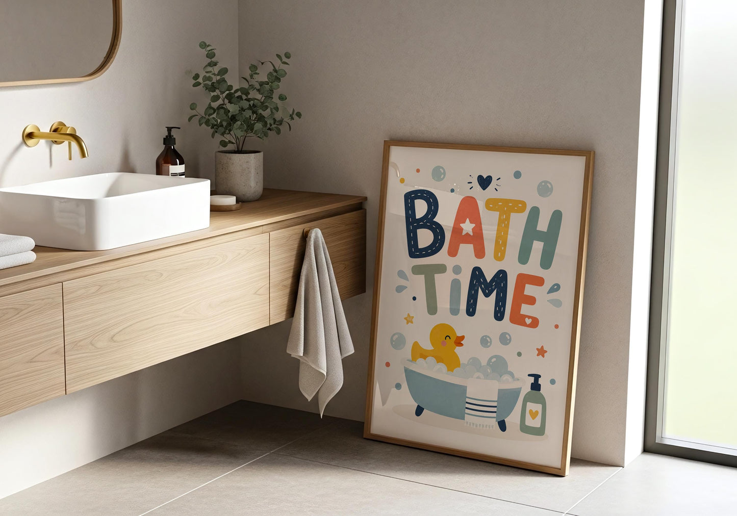 Cute rubber duck bathroom print designed for children's bathrooms and nursery decor.