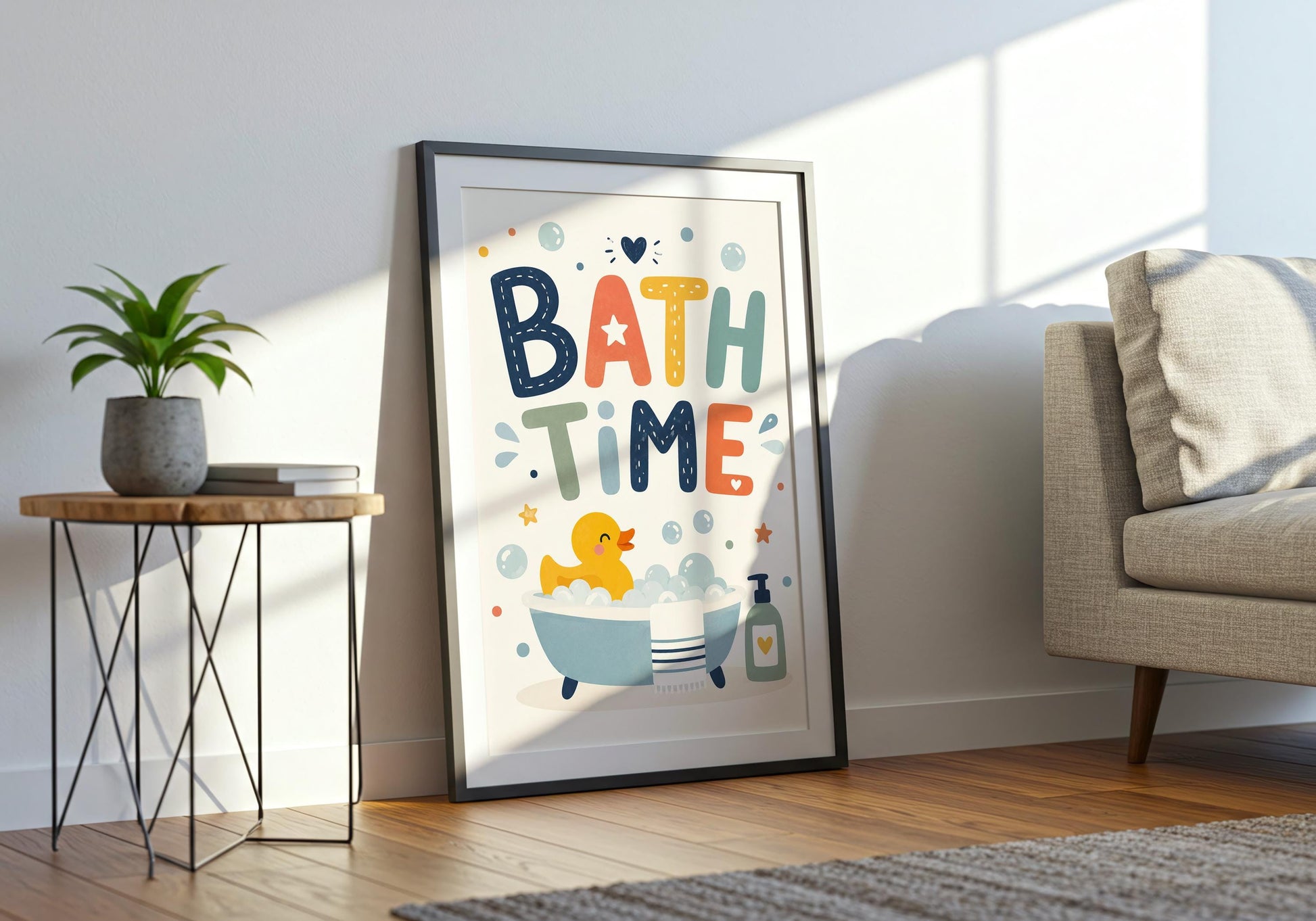Nursery bathroom decor with colourful Bath Time typography and duck illustration.