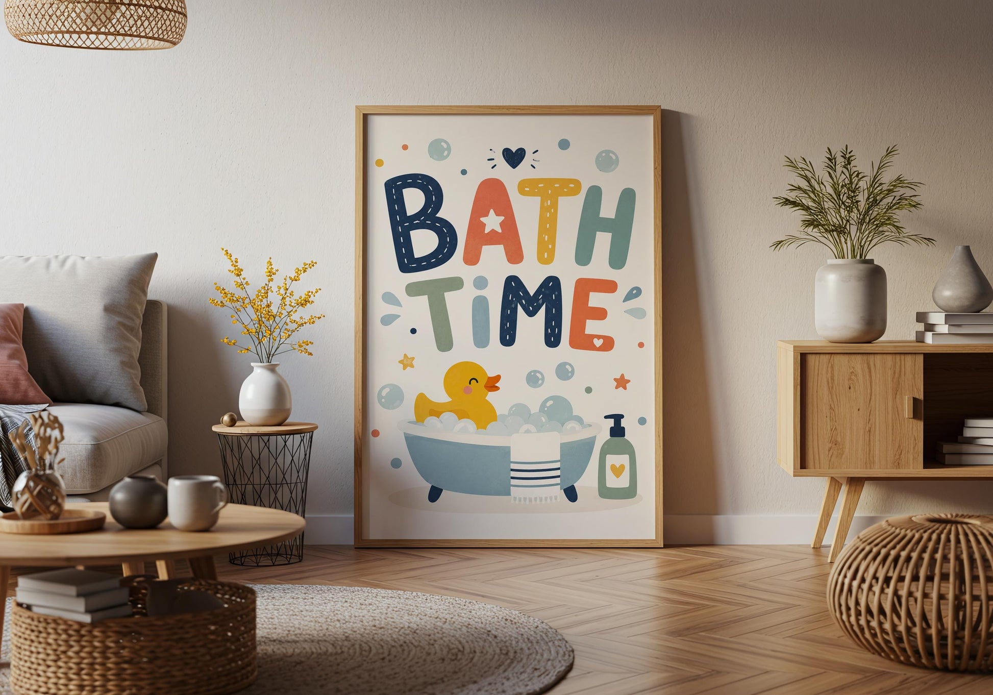 Bathroom routine wall art with playful duck illustration and colourful lettering for toddlers.