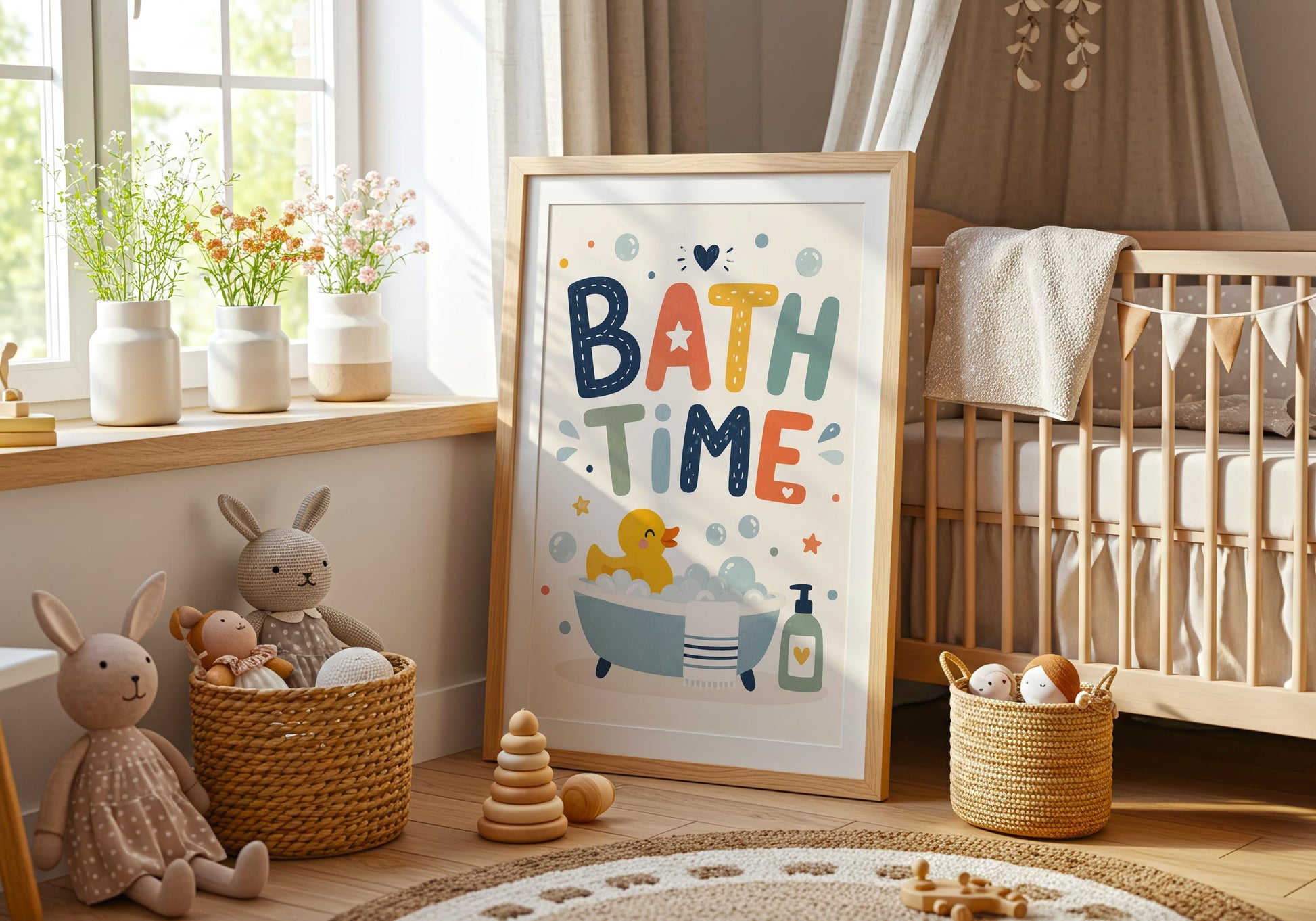 Children's bathroom sign featuring a smiling rubber duck in a bubble bath.