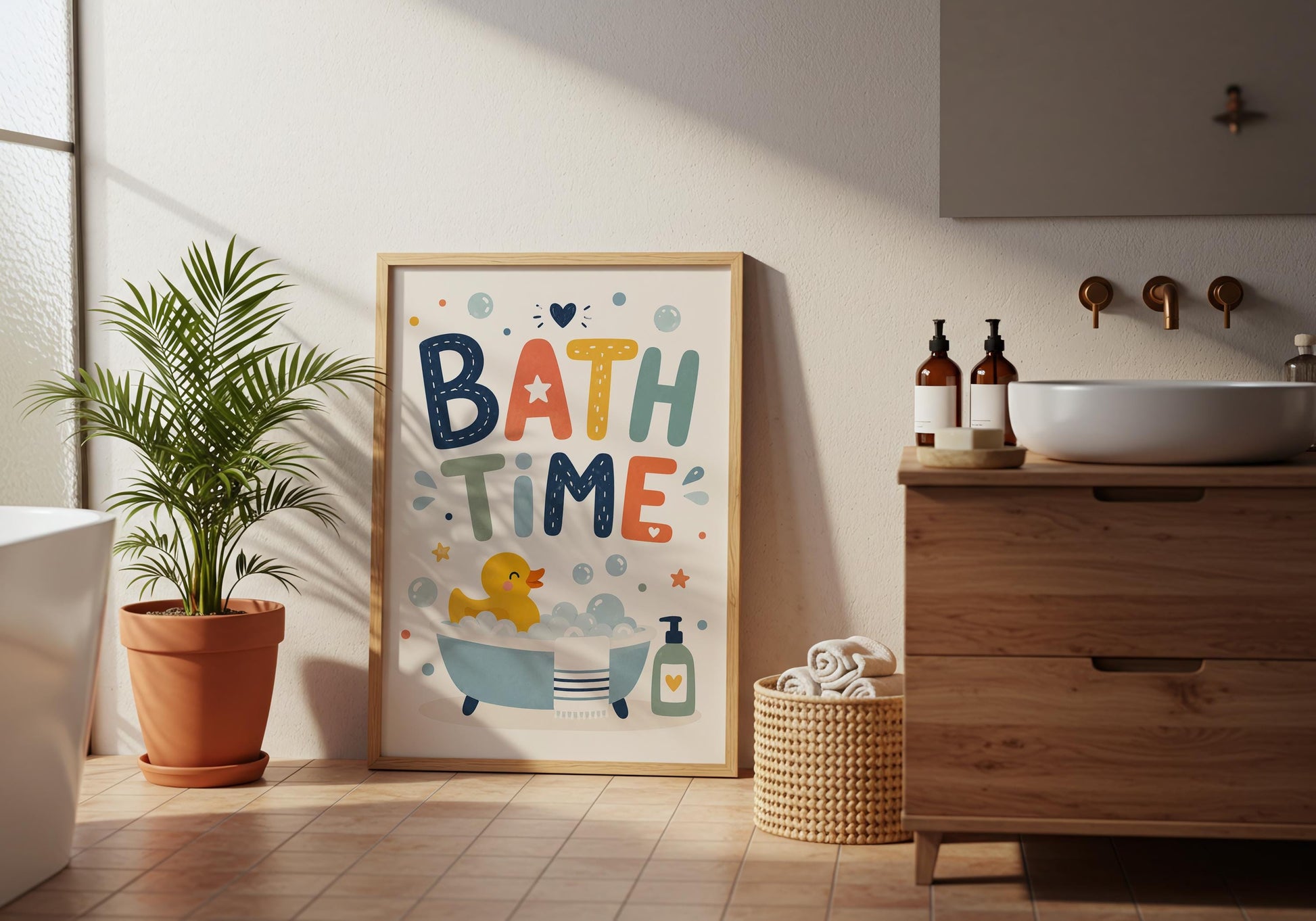 Toddler bathroom wall art with modern duck illustration and colourful bathroom decor.