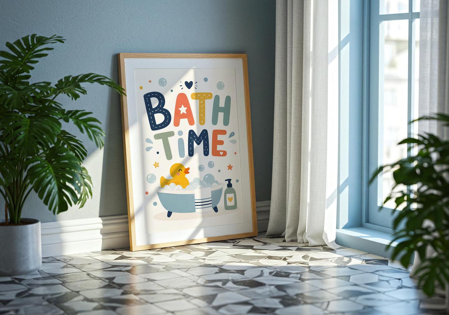 Playful rubber duck nursery print for children's bathrooms and family homes.