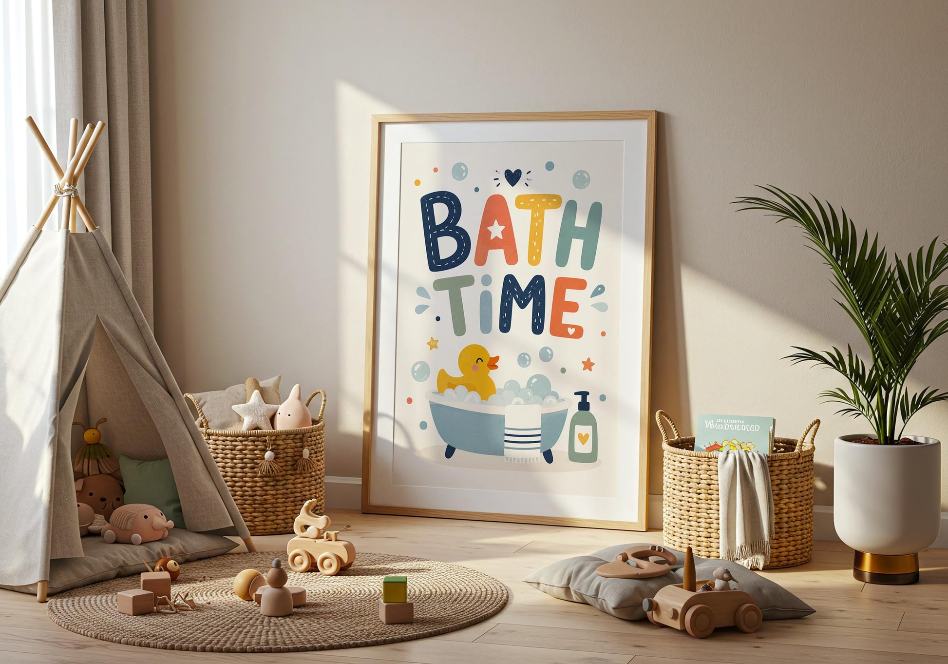 Colourful children's bathroom poster encouraging a fun bath routine.