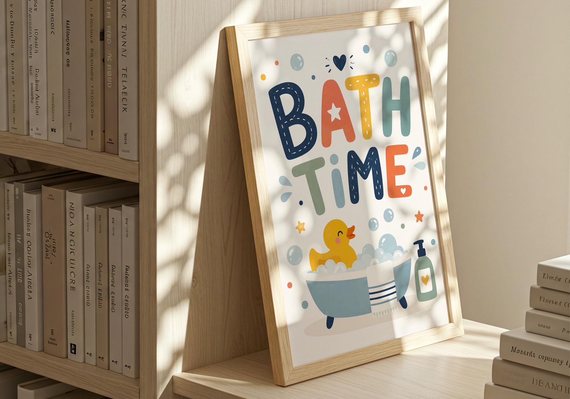 Bathroom wall decor for kids featuring a duck in a bathtub with bubbles.