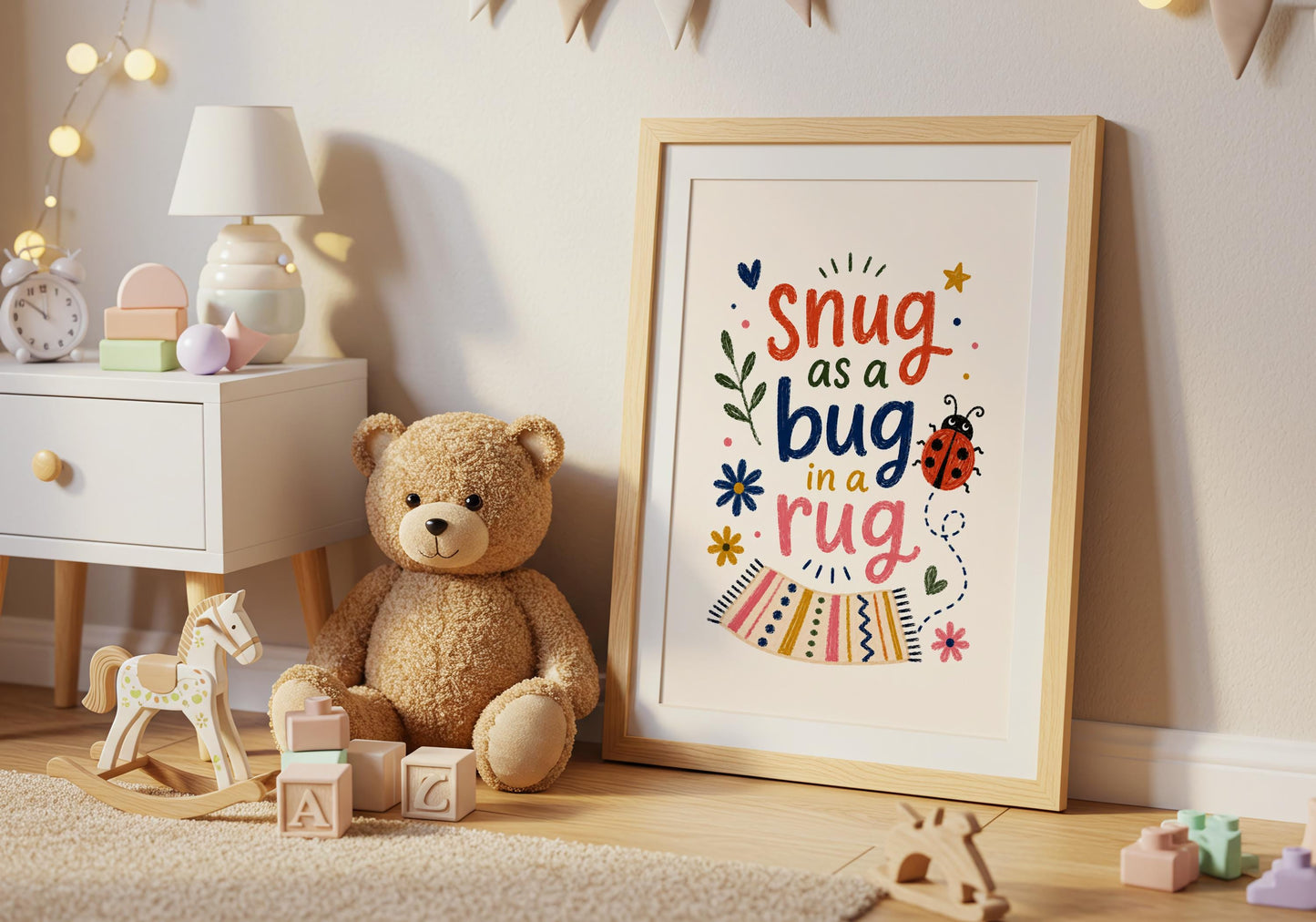 Gender-neutral nursery decor featuring a cosy nursery quote and cute bug illustration.