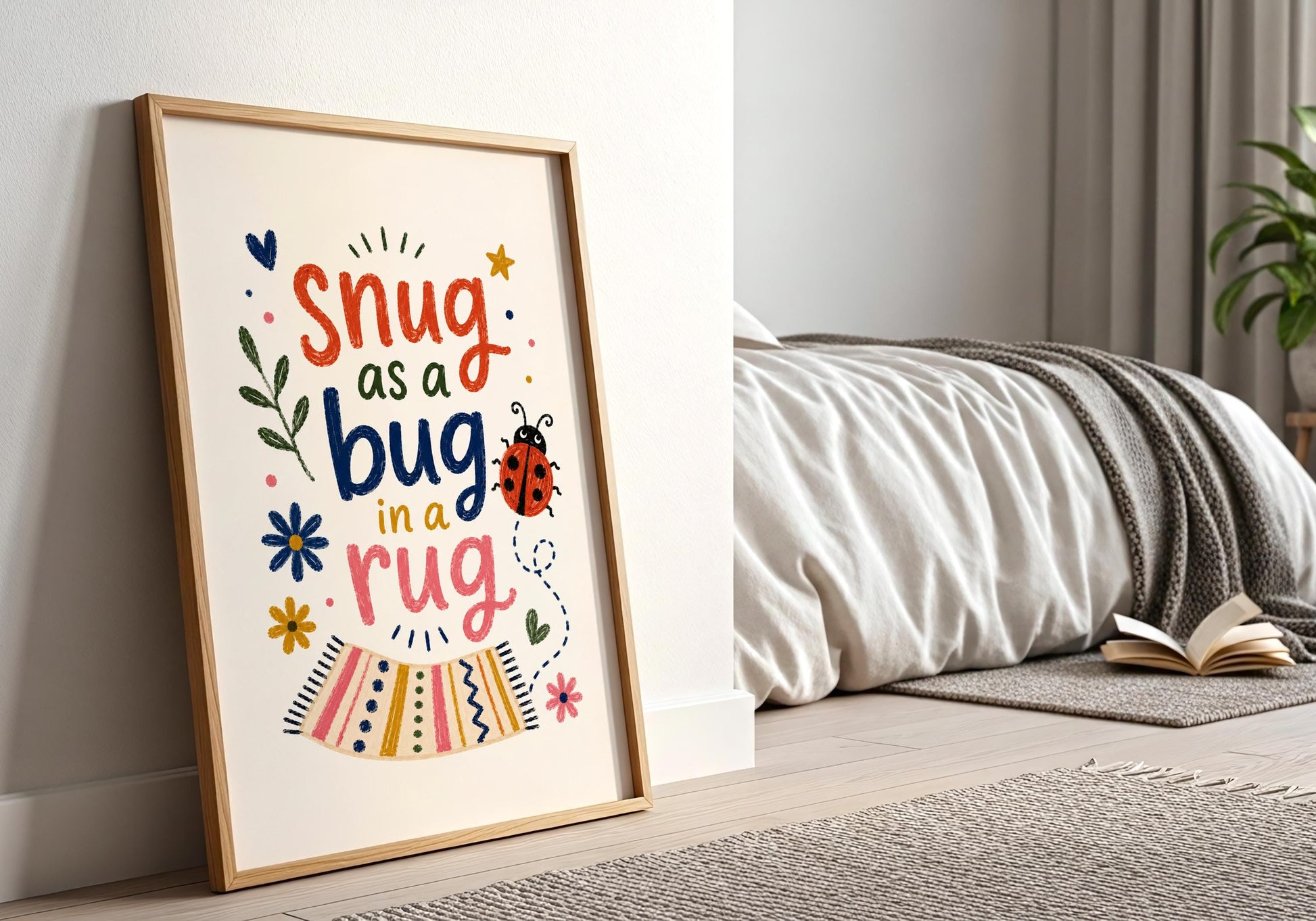 Nursery wall art featuring the Snug as a Bug in a Rug quote with flowers and a ladybird.