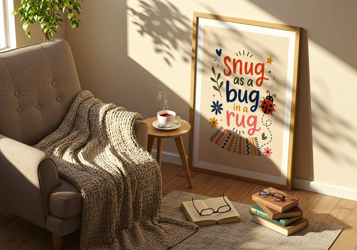Children's bedroom print with colourful typography and a smiling ladybird design.