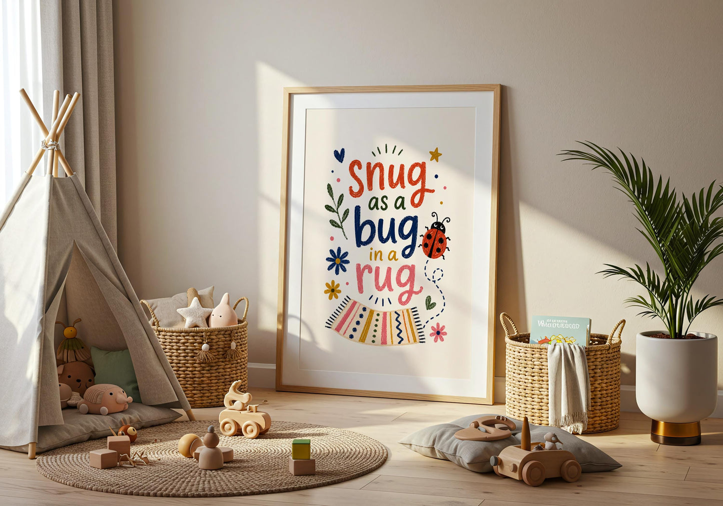 Whimsical baby room decor featuring a playful bug and colourful rug illustration.