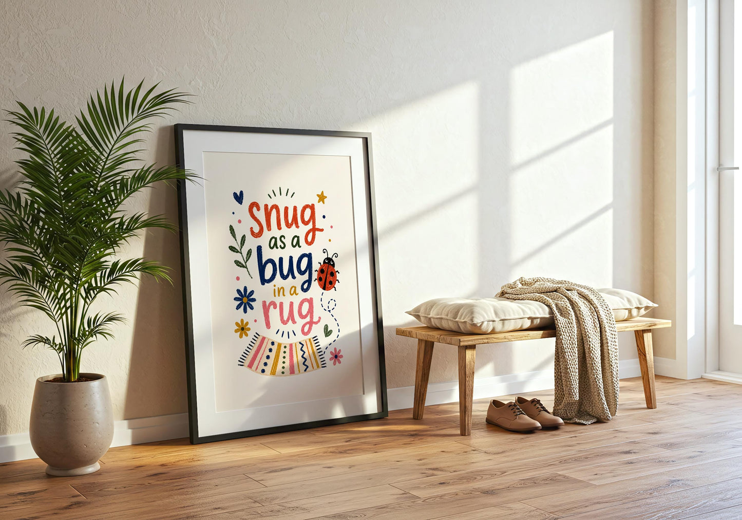 Cute nursery poster with a ladybird, flowers, and cosy bedtime quote.