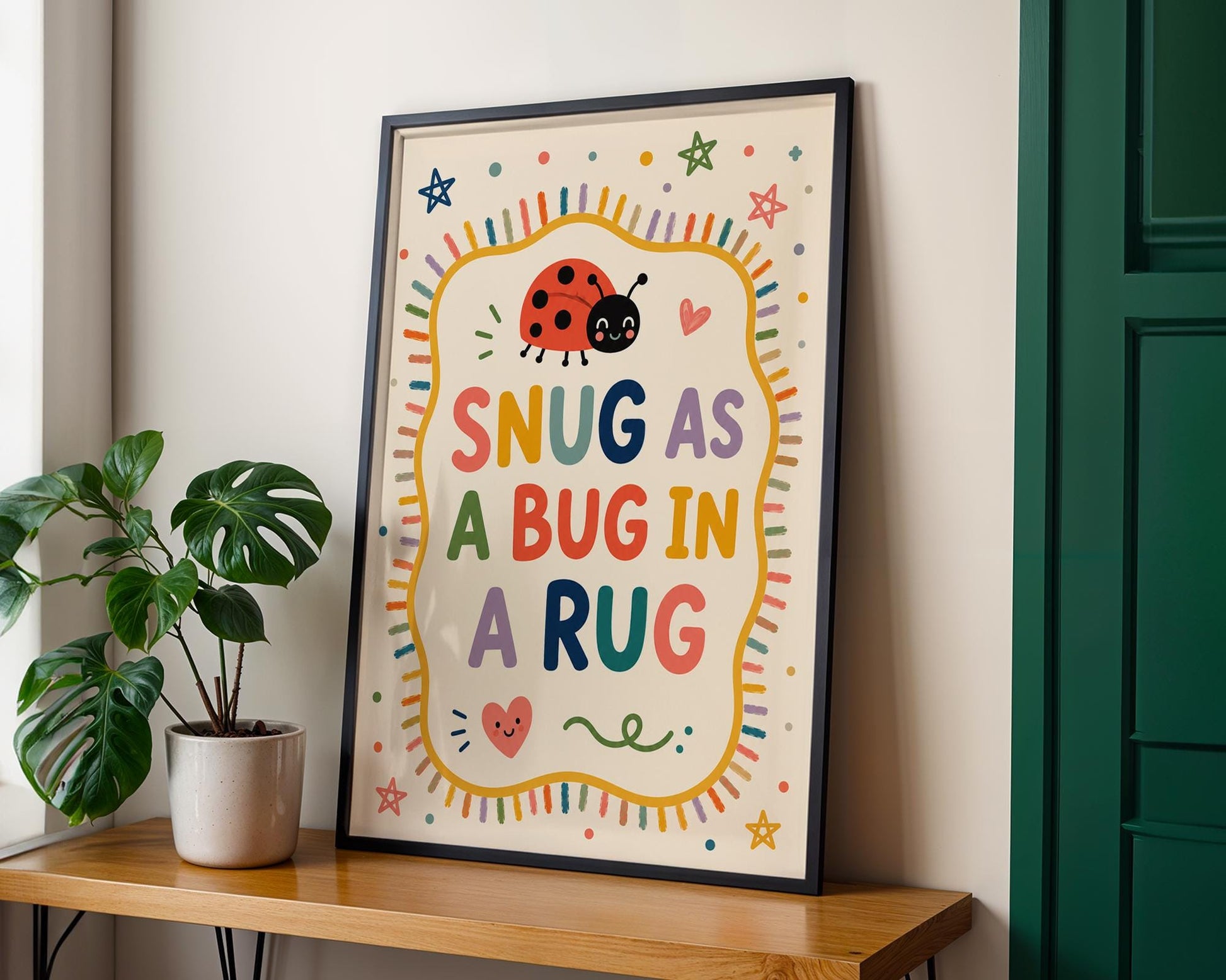 Colourful nursery quote print with playful lettering and cute ladybird for baby room decor.