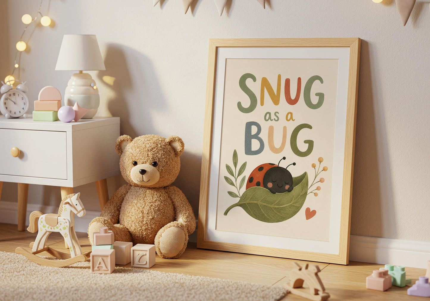Boho nursery print with cute ladybird illustration and calming earthy colours.