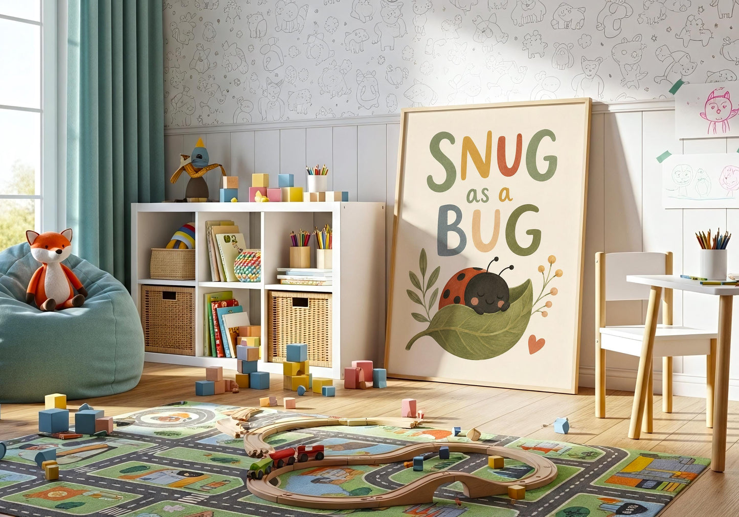 Baby shower gift featuring charming Snug As A Bug nursery artwork.