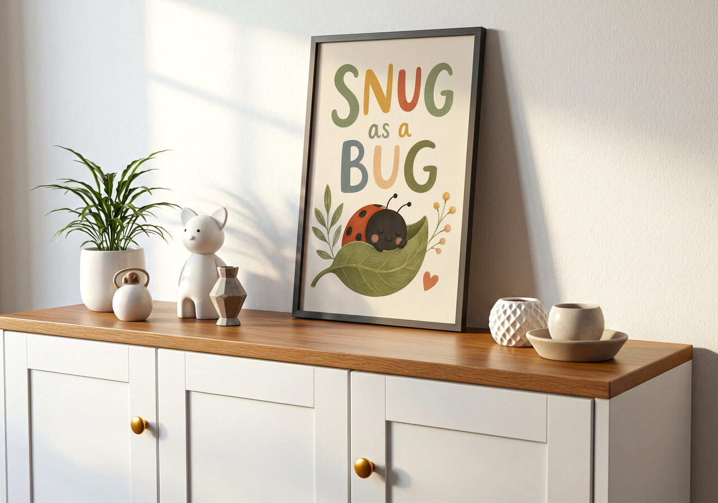 Boho baby room wall art featuring a colourful ladybird illustration.