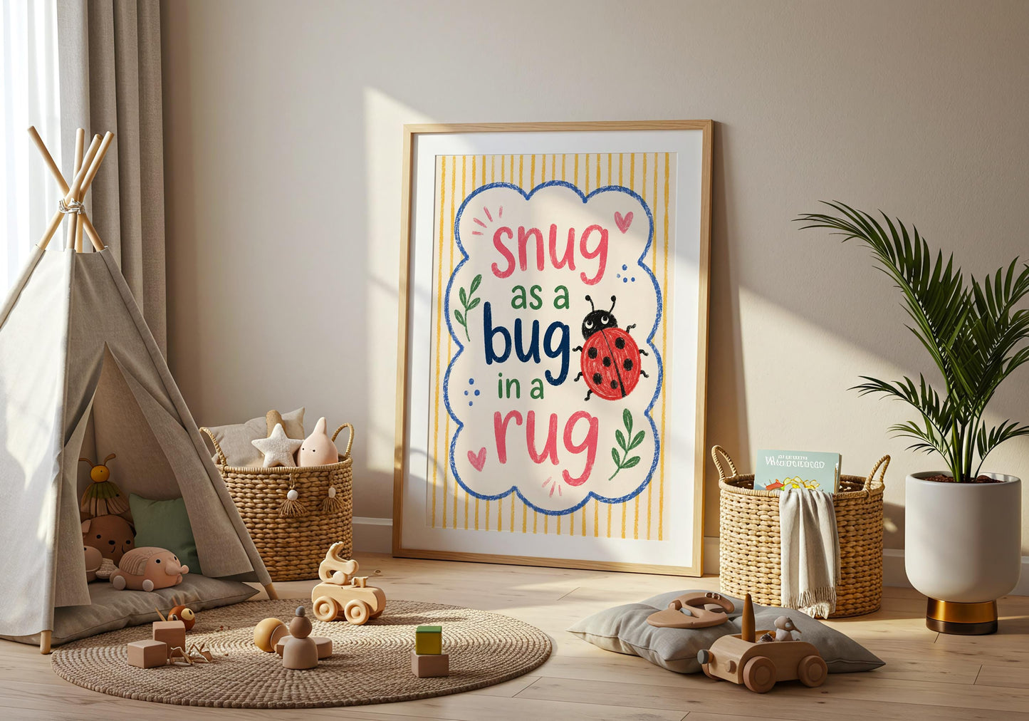 Modern playroom decor with colourful quote and whimsical artwork.