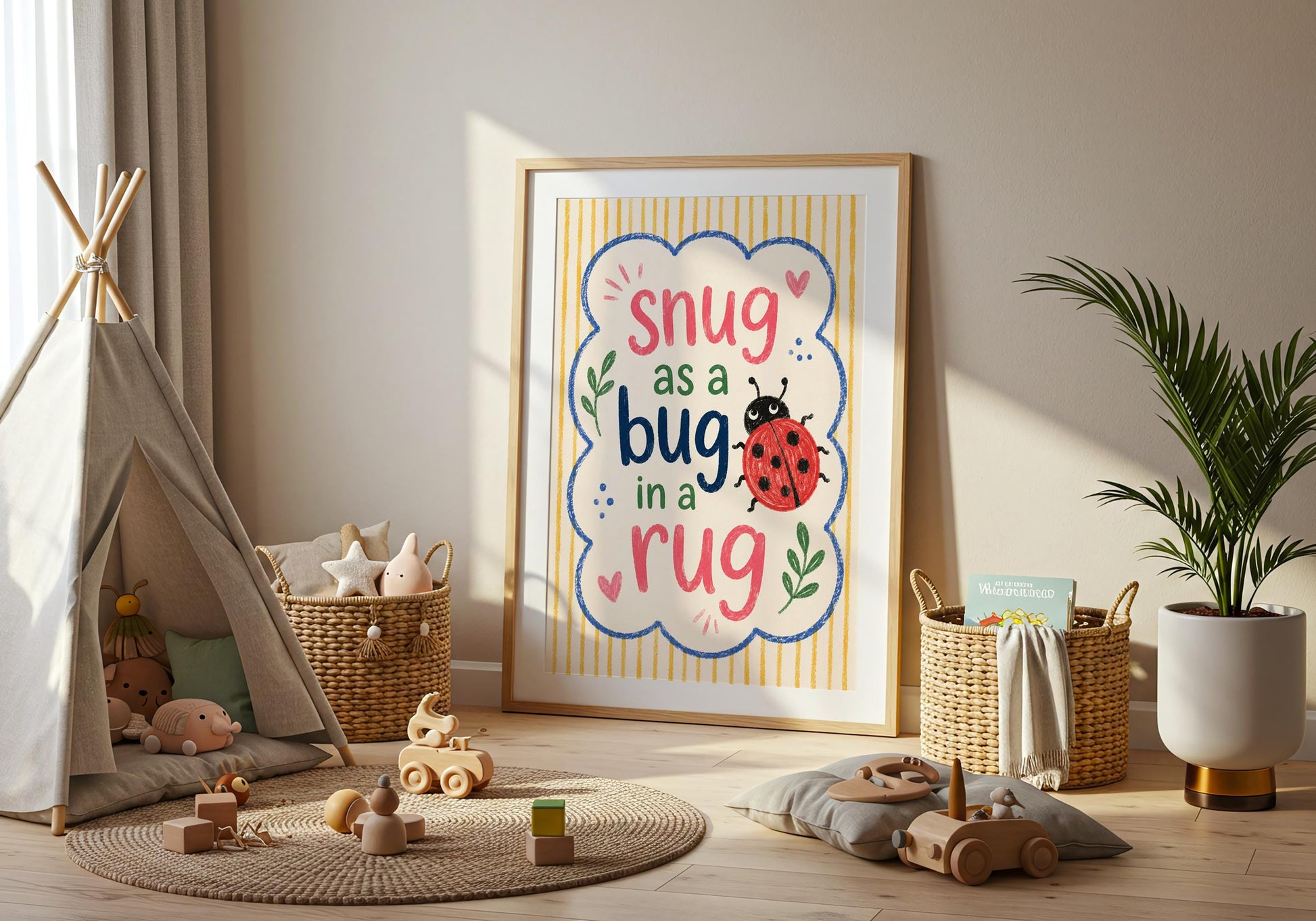 Modern playroom decor with colourful quote and whimsical artwork.