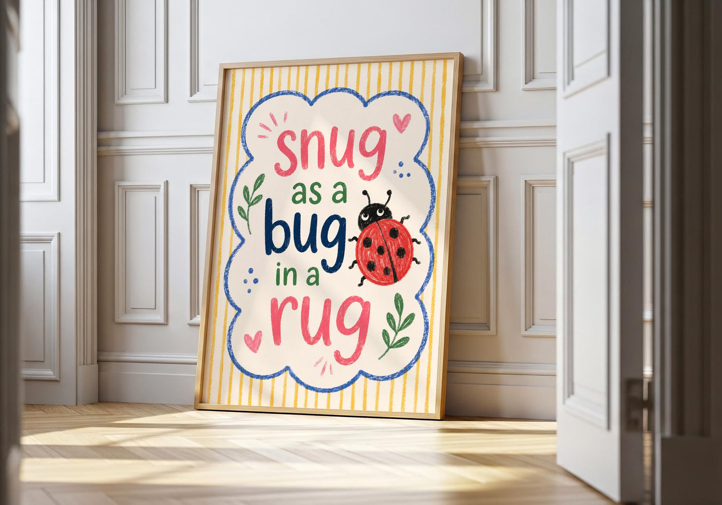 Colourful Snug As A Bug In A Rug quote print with cheerful ladybird illustration.