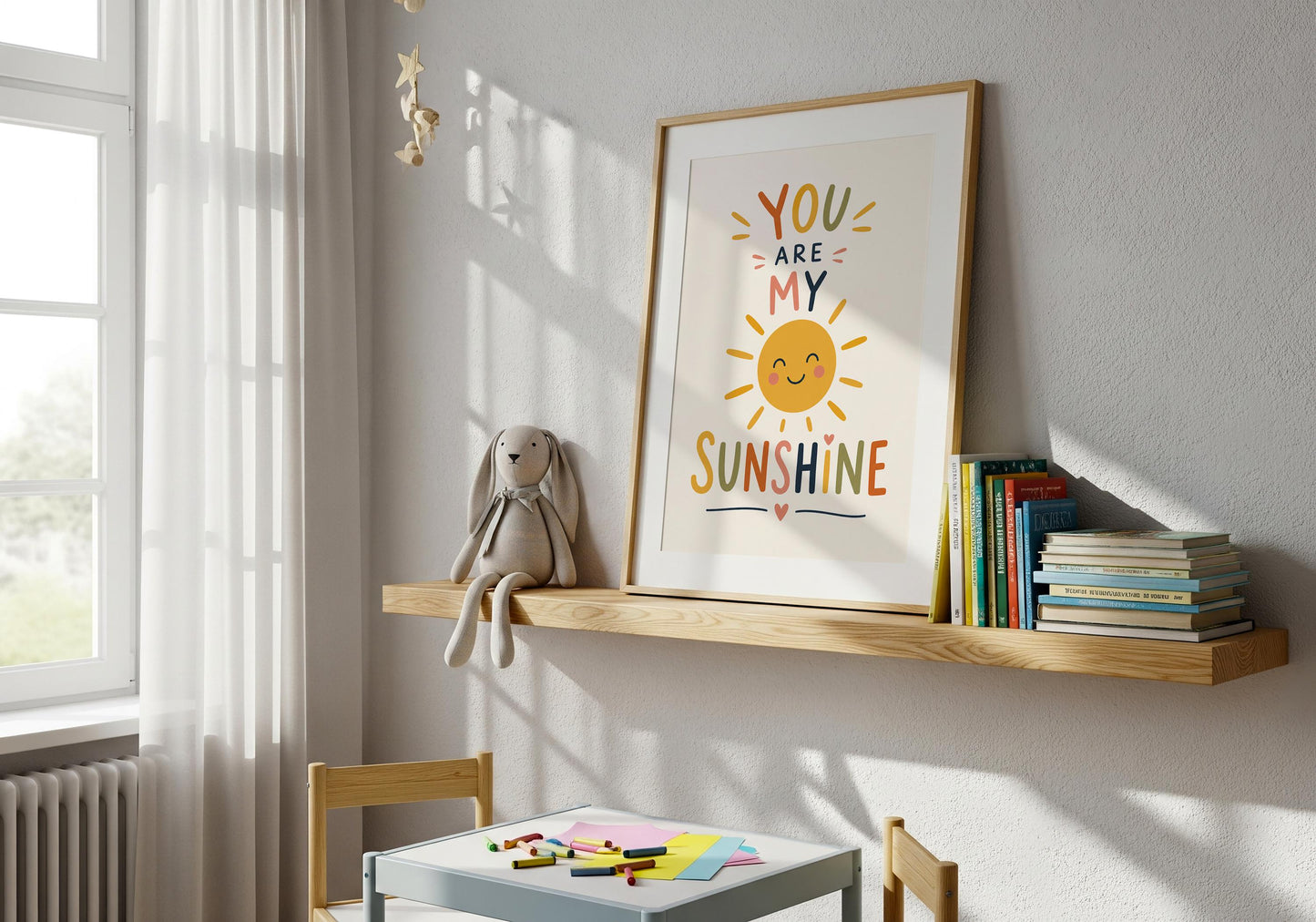 Colourful boho nursery print featuring uplifting sunshine quote.