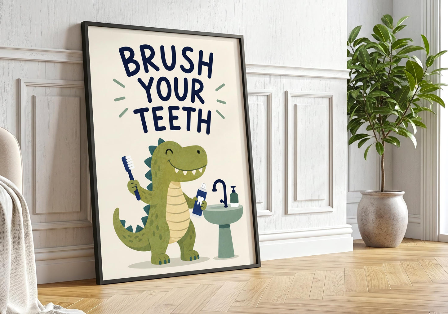 Brush Your Teeth dinosaur poster for kids bathroom, adorable green dinosaur with toothbrush and toothpaste, fun bathroom decor for children.