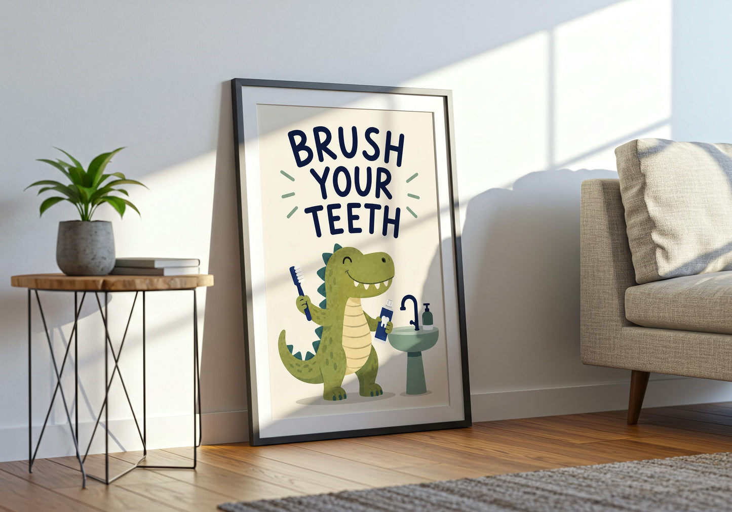 Dinosaur bathroom art for boys and girls, whimsical Brush Your Teeth wall decor with smiling dinosaur beside a bathroom sink.