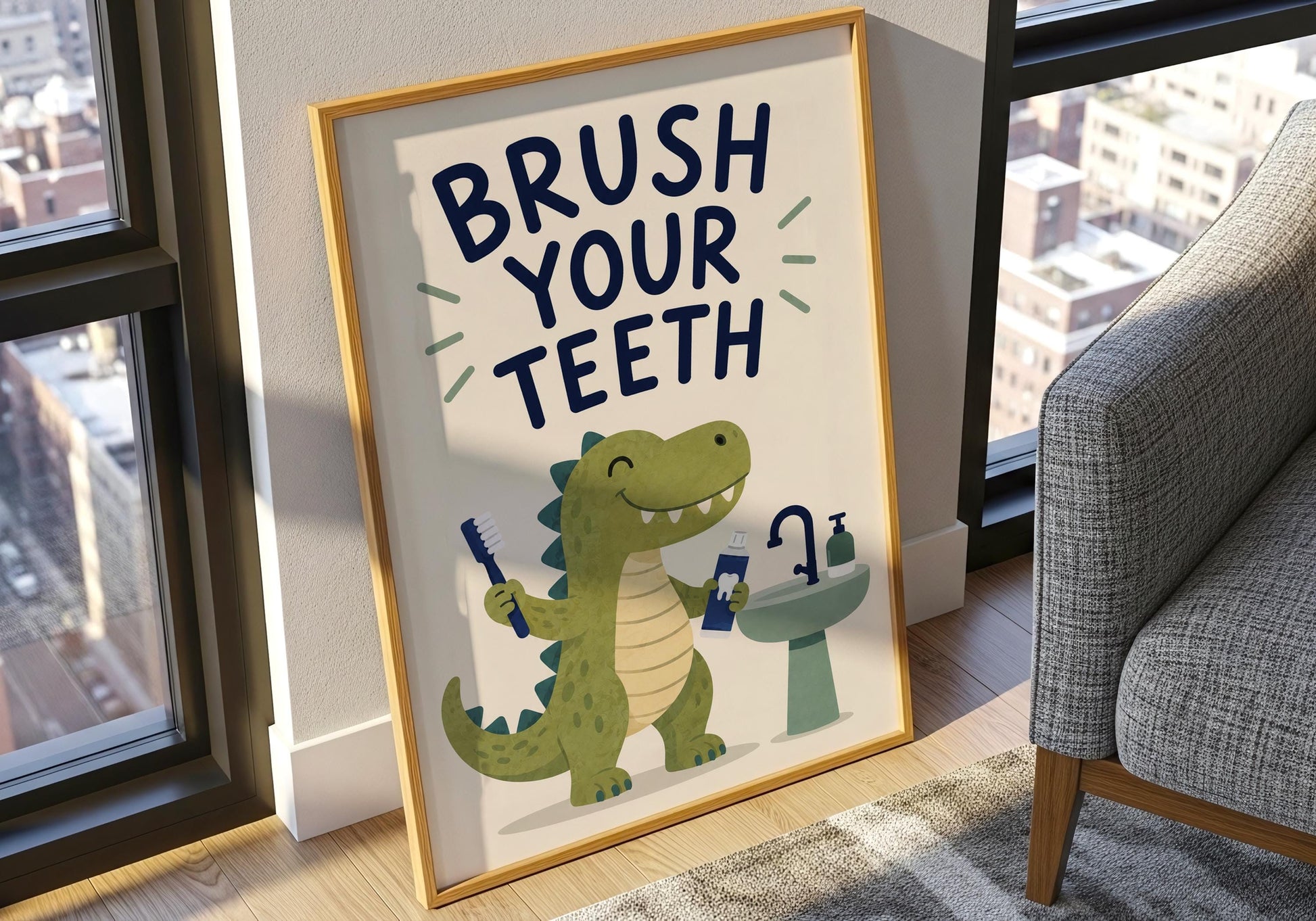 Children's dental hygiene wall art featuring a friendly cartoon dinosaur holding a toothbrush, perfect bathroom decor for toddlers.