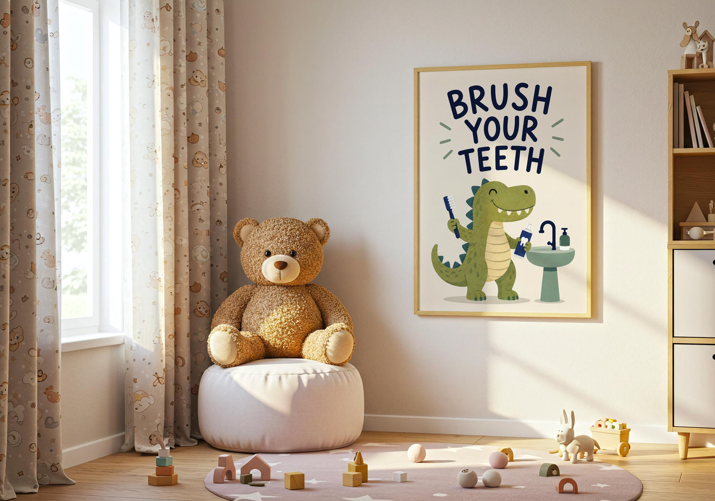 Funny dinosaur bathroom decor with Brush Your Teeth typography, colourful children's wall art for toddler and preschool bathrooms.