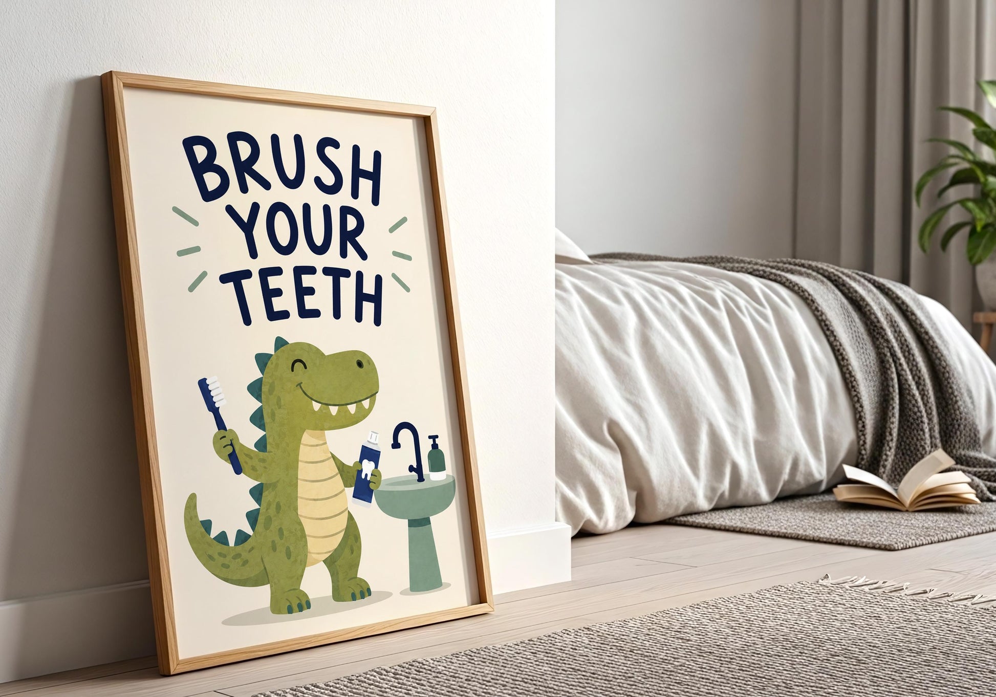 Cute T-Rex toothbrush print for kids, playful bathroom poster with positive dental hygiene message and modern nursery style illustration.