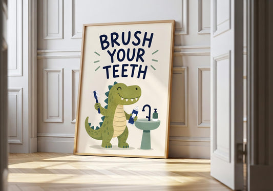 Cute dinosaur bathroom print with "Brush Your Teeth" quote, playful kids bathroom wall art featuring a smiling dinosaur holding a toothbrush.
