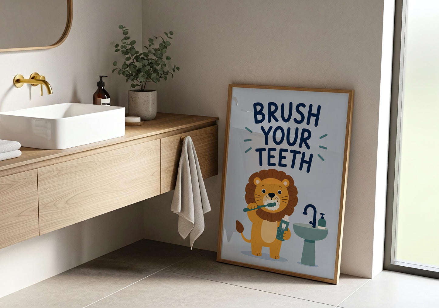 Brush Your Teeth lion poster for kids bathroom, adorable lion holding a toothbrush and toothpaste with playful typography.