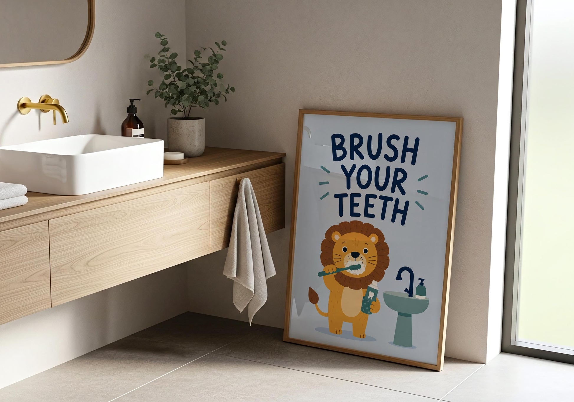 Brush Your Teeth lion poster for kids bathroom, adorable lion holding a toothbrush and toothpaste with playful typography.