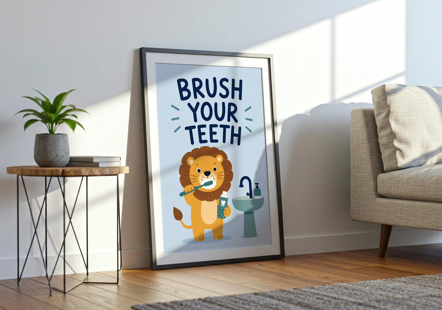 Children's lion bathroom wall art featuring a cartoon lion brushing teeth beside a sink, perfect for modern family bathrooms.