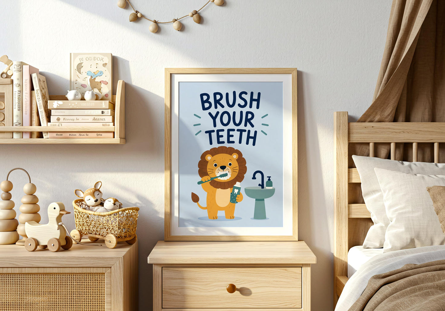 Kids bathroom wall art featuring a smiling lion brushing teeth, educational print encouraging healthy dental hygiene habits.