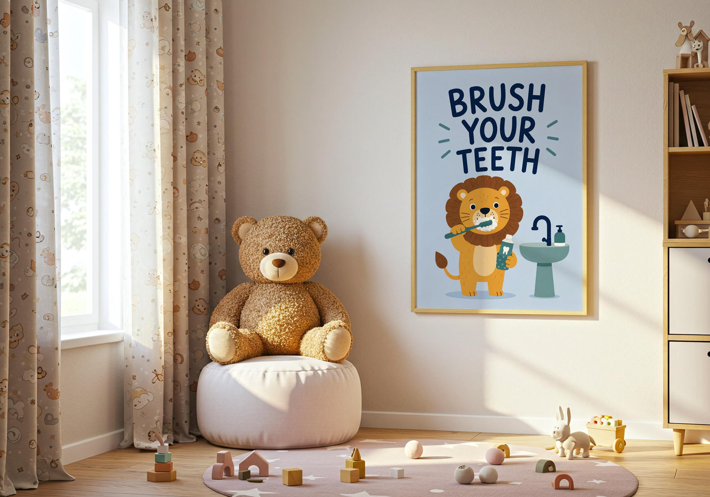 Educational lion dental hygiene poster for toddlers, colourful bathroom decor encouraging children to brush their teeth every day.