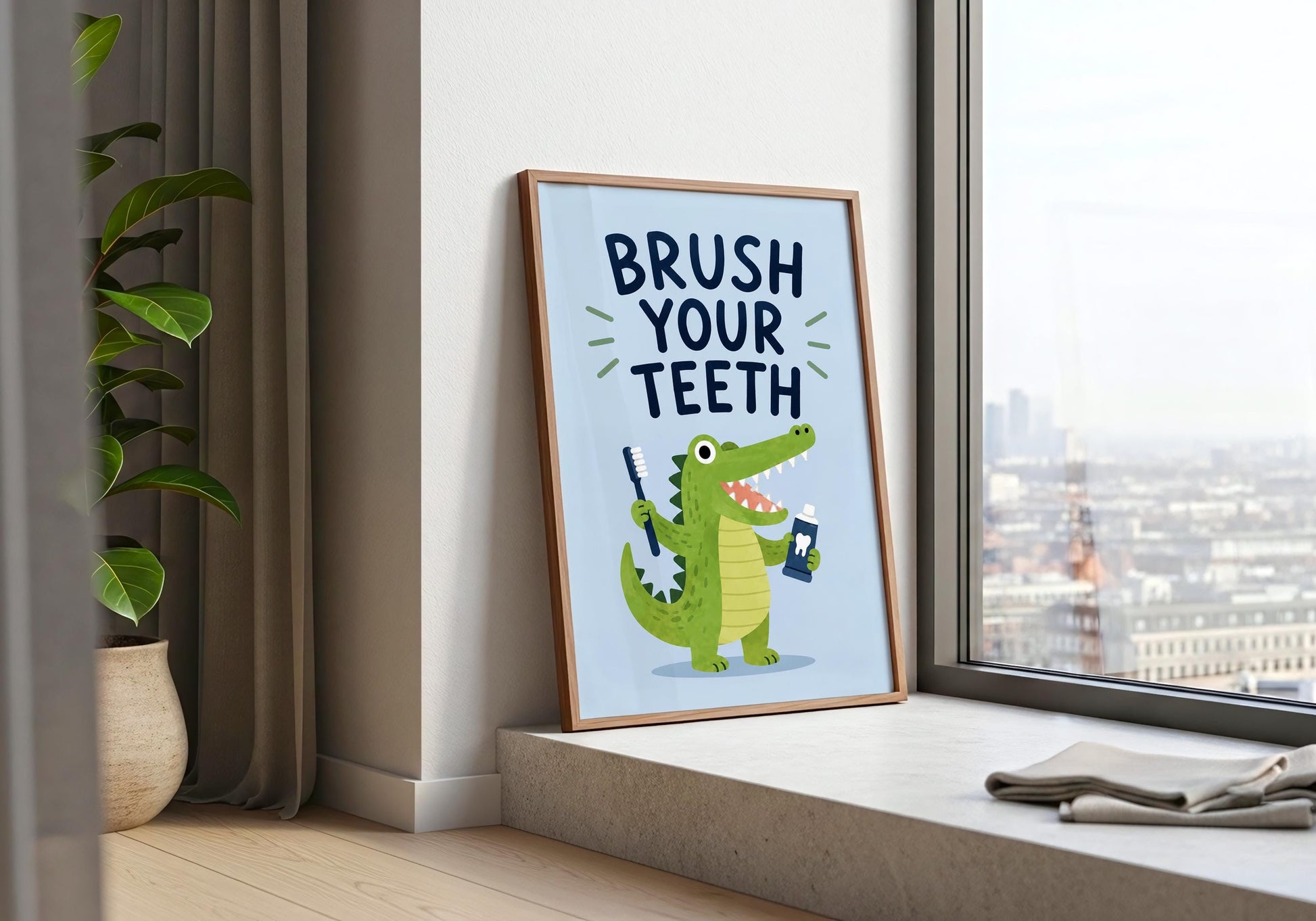 Pediatric dental office wall art with a cheerful crocodile teaching children the importance of brushing their teeth.