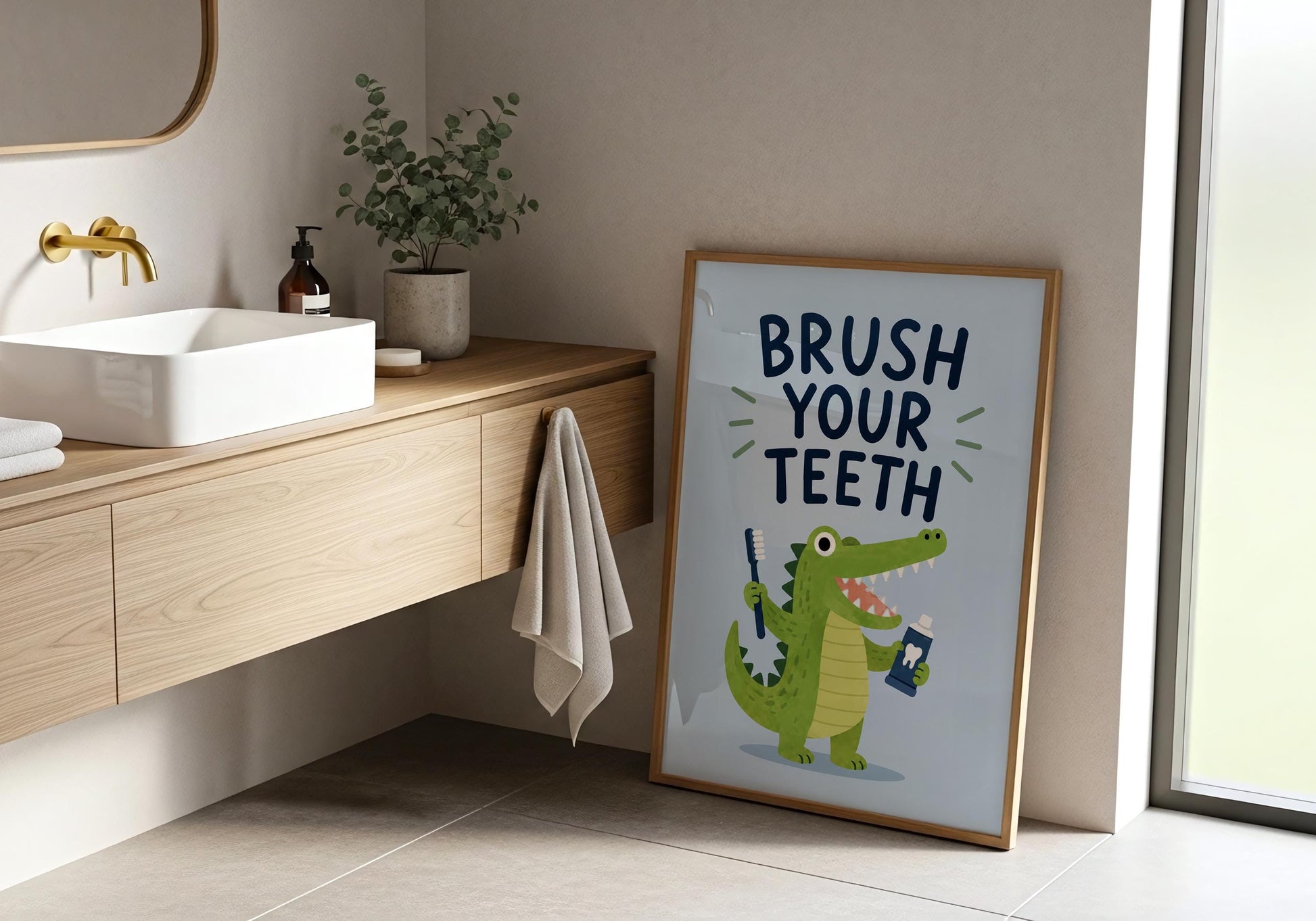 Oral health wall art for children featuring a friendly crocodile and Brush Your Teeth message for learning environments.
