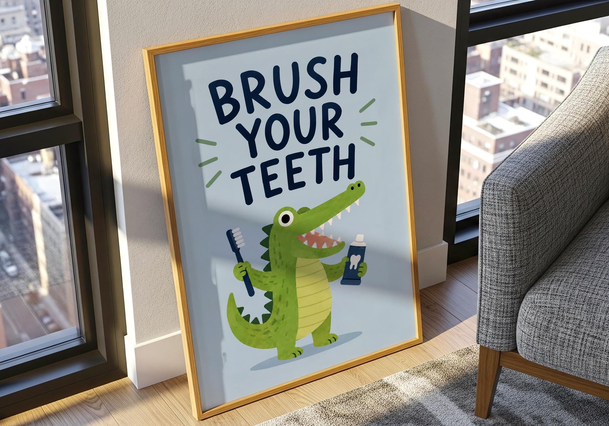 Montessori-inspired dental hygiene print featuring a playful crocodile holding a toothbrush and toothpaste.
