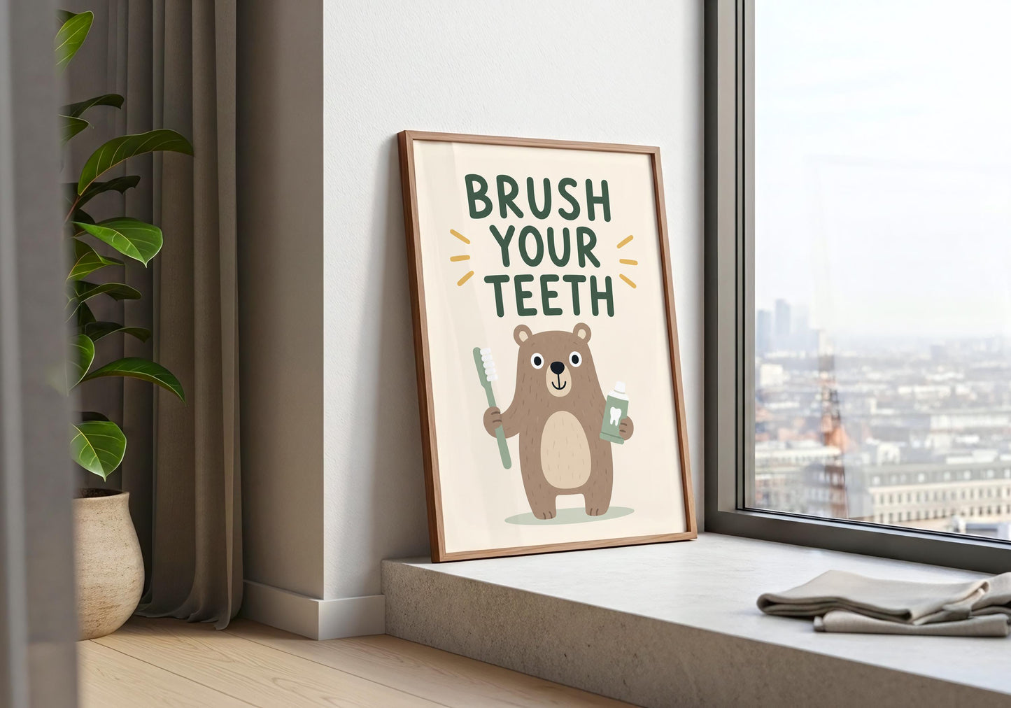 Woodland nursery print with adorable bear holding a toothbrush, neutral bathroom decor for toddlers and young children.